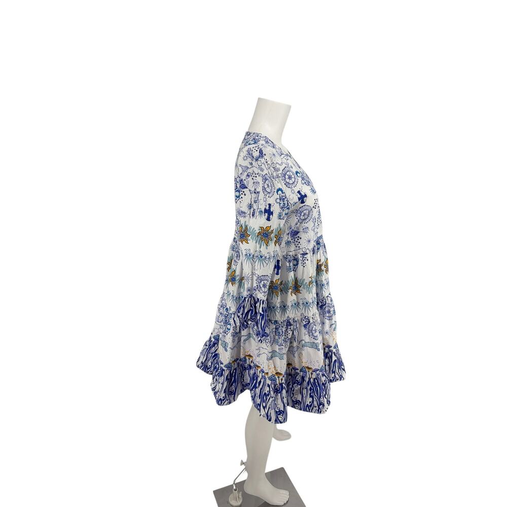 Emporio Sirenuse Positano Blue White Celestial Print Tiered Cotton Dress IT 44 - Picture 2 of 4